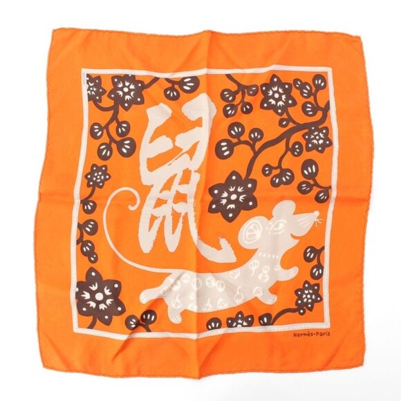 Hermes Silk Carre 45 Zodiac Rat Scarf Orange